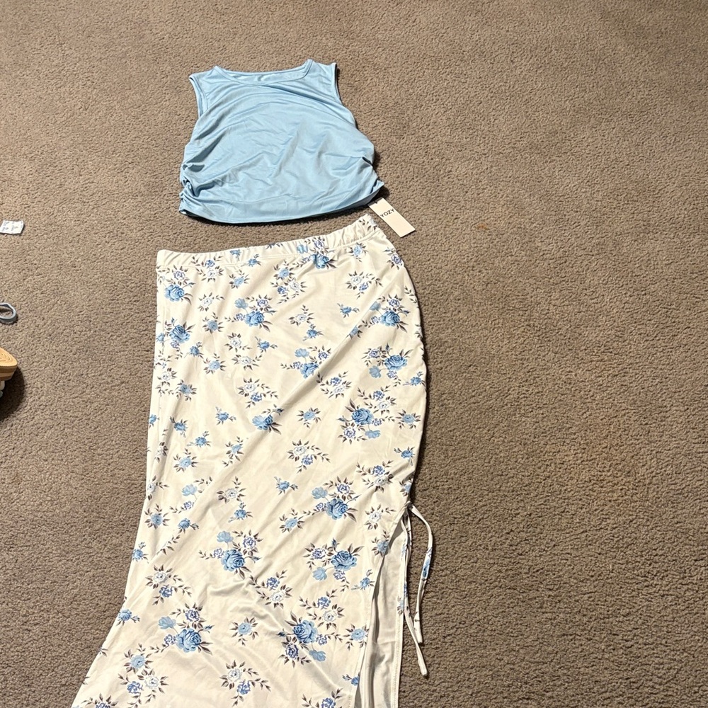 Floral Maxi Skirt in Blue and Cream